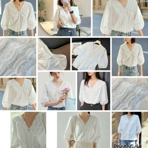 LIZ Lace embroidery puff sleeved top