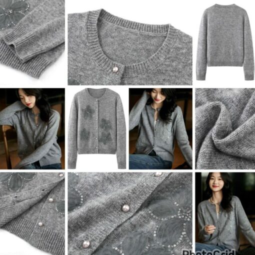 MM tulle flower pearl button knit cardigan 